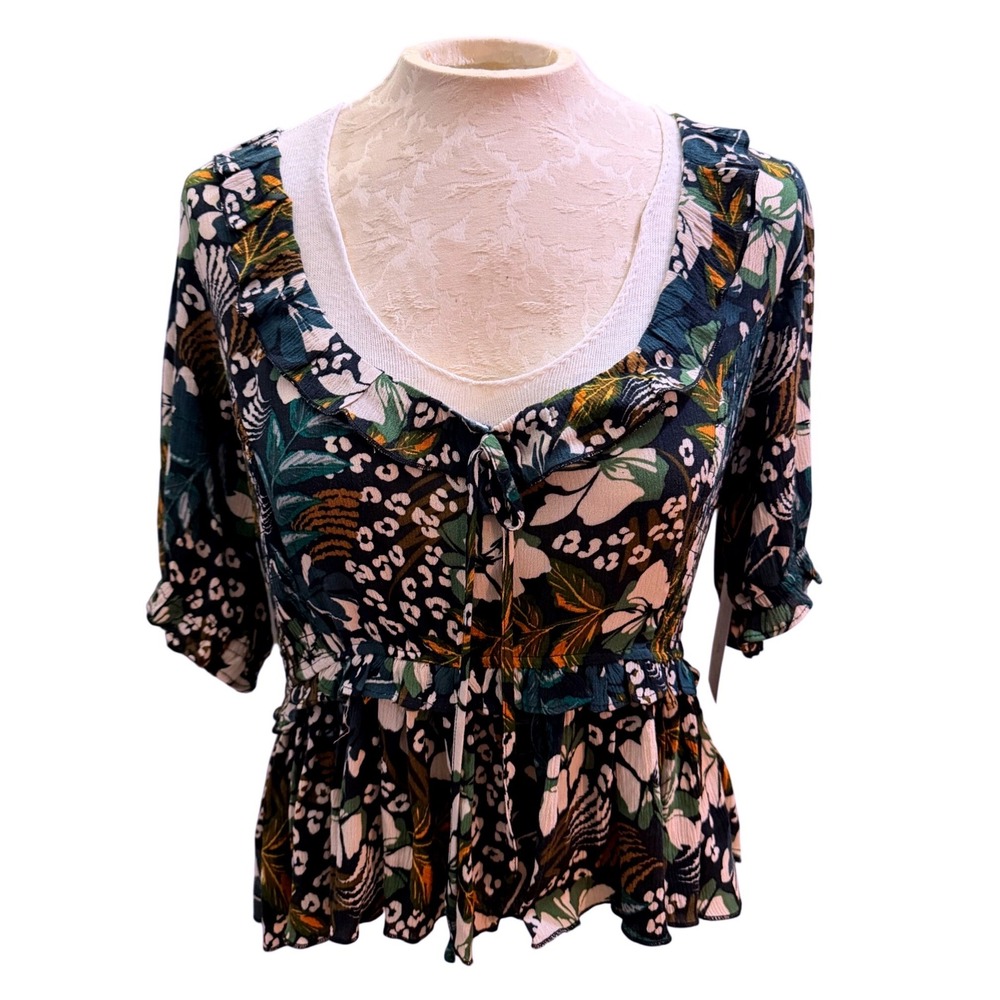 Jessica Simpson Floral Leopard Print Ruffle Peplum Blouse Green Medium NWT